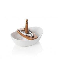 CIOTOLA PORTANOCI BARCHETTA IN PORCELLANA BIANCA E BAMBOO CON SCHIACCIANOCI IN CHROME PLATED BRANDANI