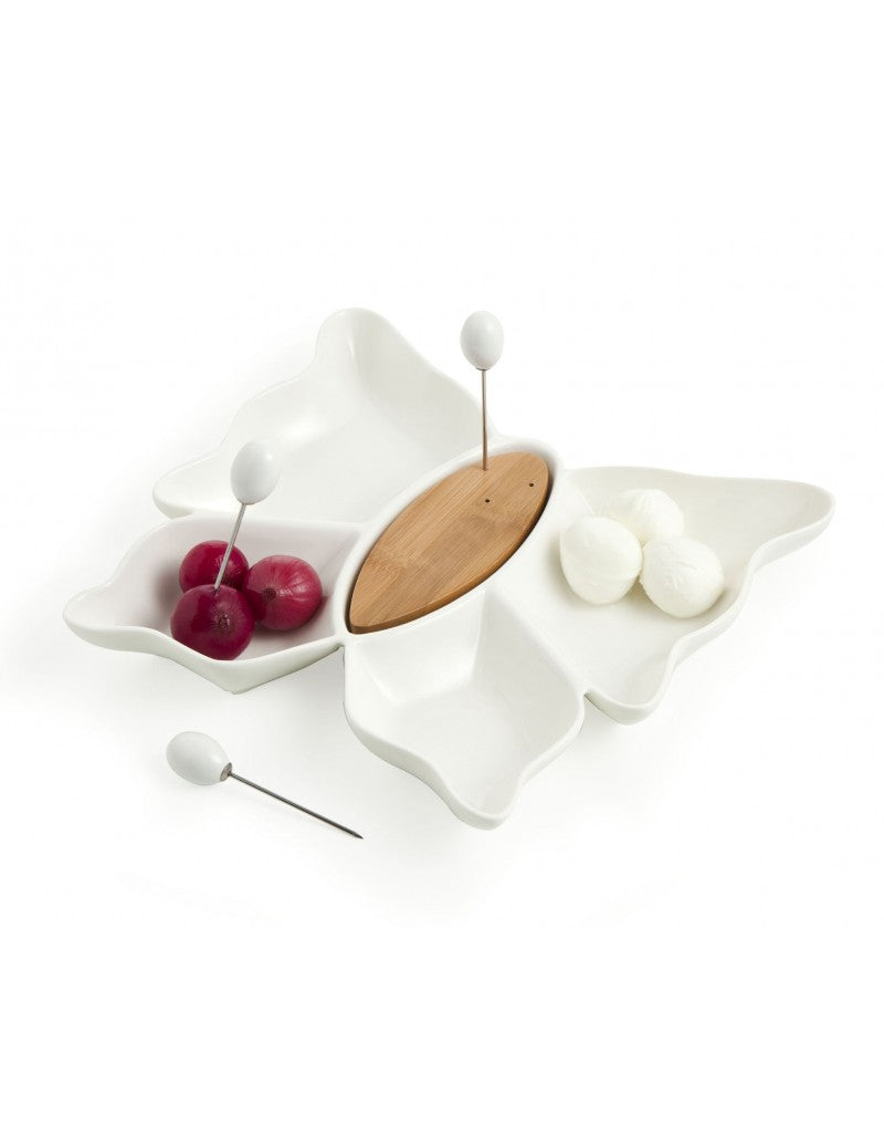 ANTIPASTIERA BUTTERFLY IN PORCELLANA BIANCA E BAMBOO E 3 FORCHETTINE IN ACCIAIO INOX