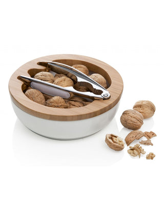 CIOTOLA PORTANOCI IN PORCELLANA BIANCA CON SUPPORTO IN BAMBOO E CON SCHIACCIANOCI IN CHROME PLATED BRANDANI