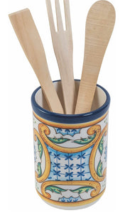Villa d’Este Home Tivoli Le Riggiole Portautensili in ceramica con 3 utensili da cucina in legno